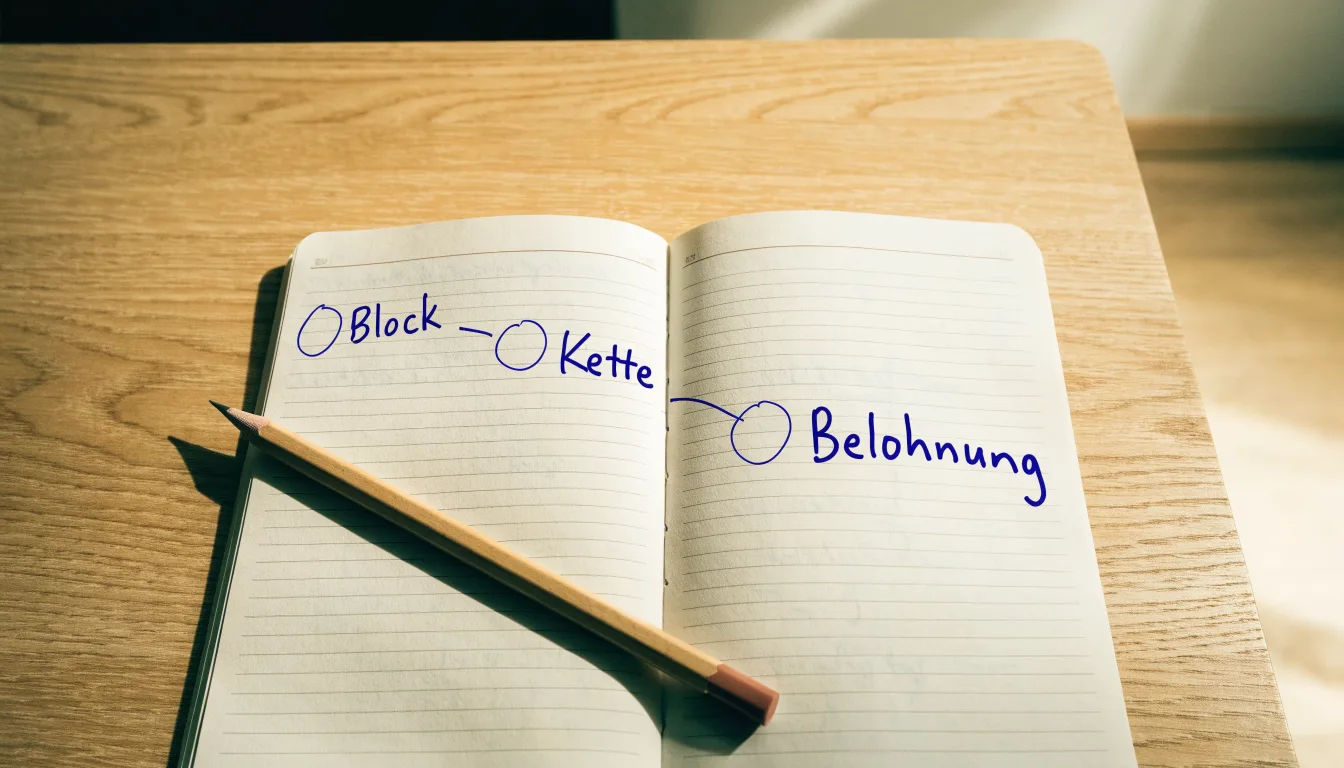 Ein Notizbuch mit handgezeichneten Knoten und Linien liegt neben einem Bleistift auf einem Schreibtisch.