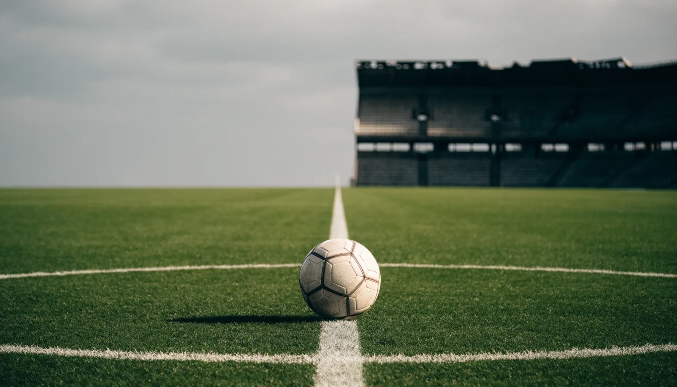 Ein Fußball liegt auf dem Anstoßpunkt eines leeren Rasenplatzes, im Hintergrund eine ruhige Tribüne unter bedecktem Himmel.