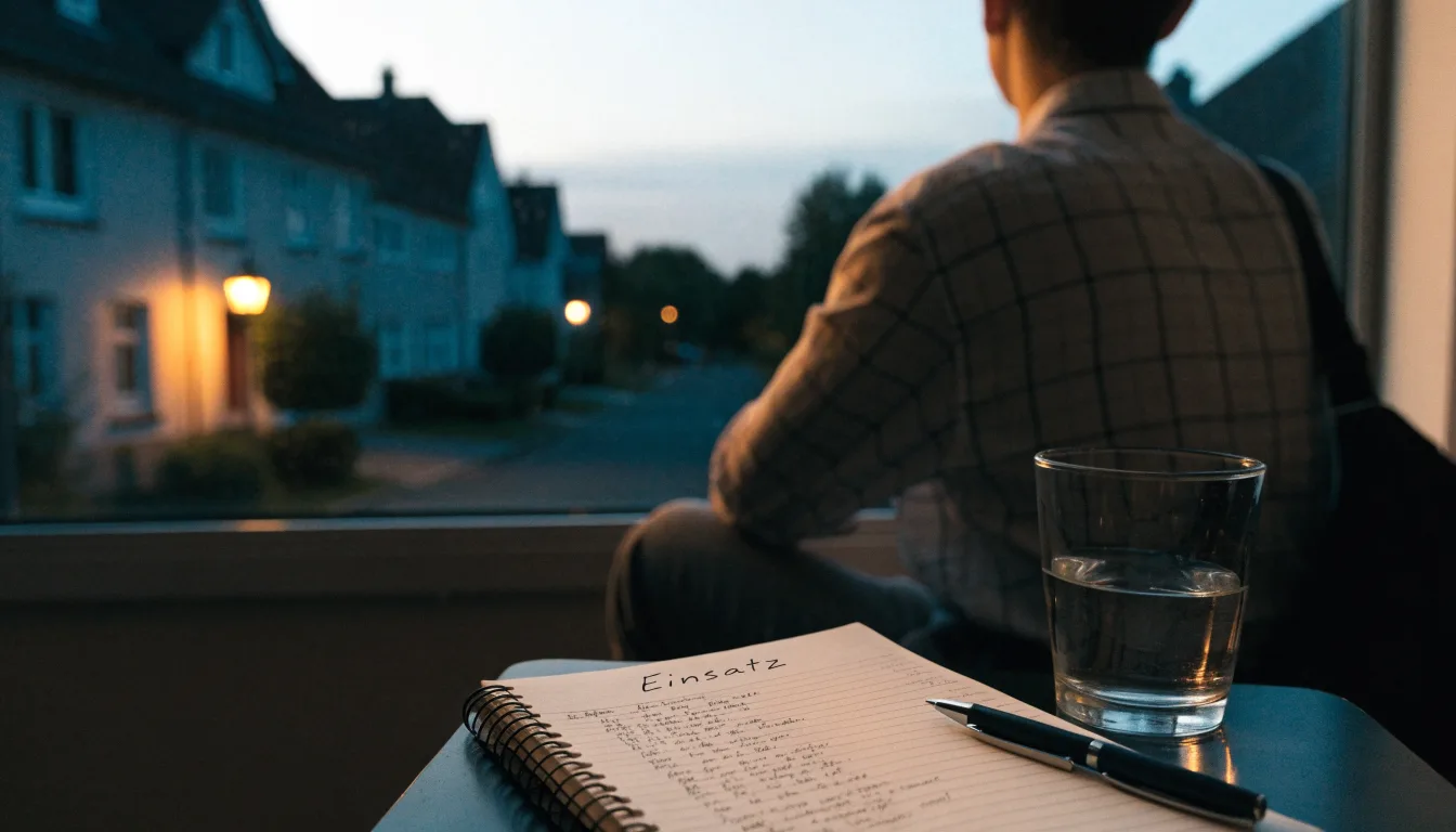 Die Silhouette einer Person sitzt am Abend am Fenster und blickt auf eine Straße, auf dem Fensterbrett steht ein Glas Wasser.
