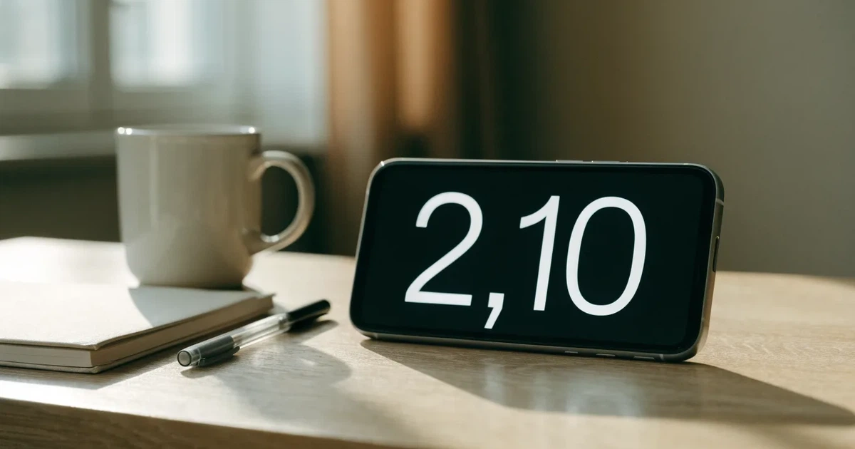 Ein Holzschreibtisch im Morgenlicht mit geschlossenem Notizbuch, Kugelschreiber und Kaffeetasse, daneben ein Smartphone mit dunklem Bildschirm.