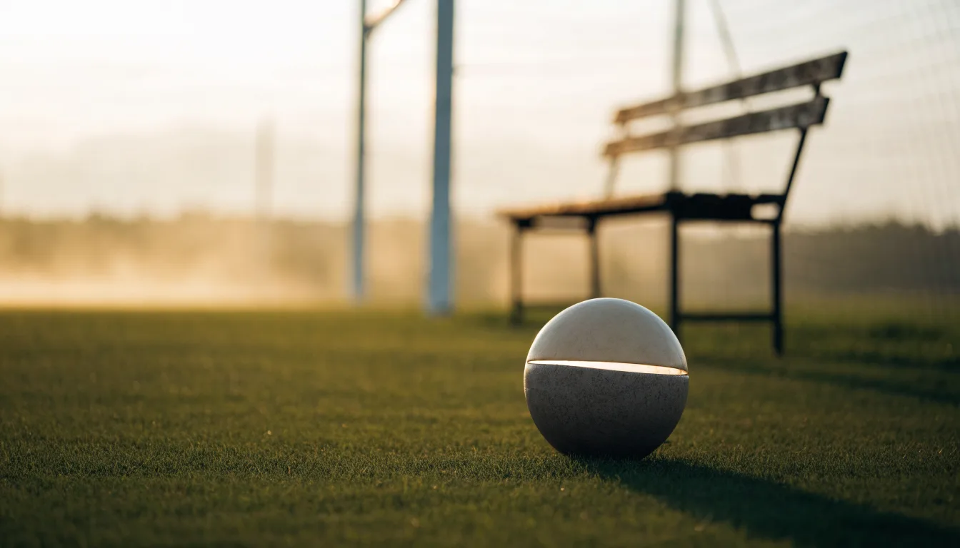 Ein Fußball auf einem Rasenplatz im Gegenlicht der tiefstehenden Sonne, am Spielfeldrand eine leere Ersatzbank.