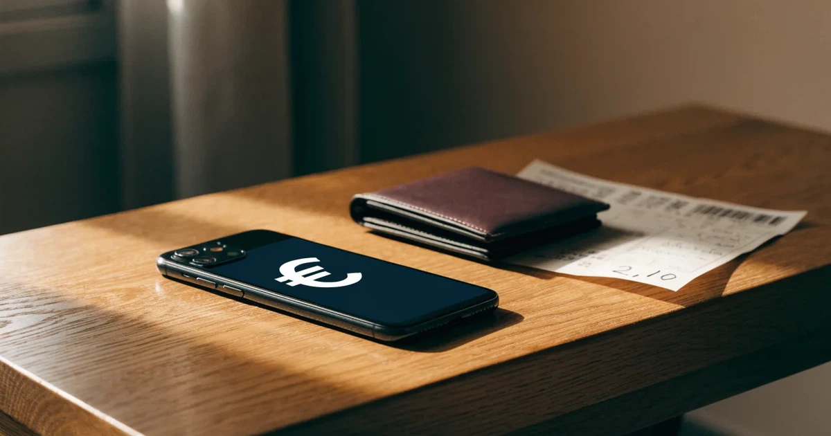 Ein Smartphone mit dunklem Bildschirm liegt neben einer Geldbörse und wenigen Münzen auf einem Holztisch im weichen Fensterlicht.
