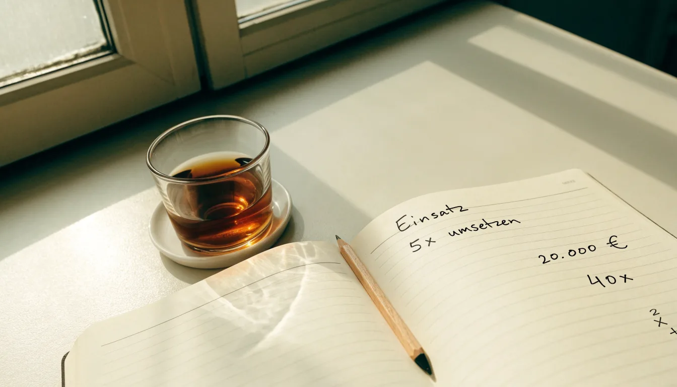 Ein Notizbuch mit handgeschriebenen Rechnungen und ein Taschenrechner auf einem hellen Schreibtisch neben einer Tasse Tee.