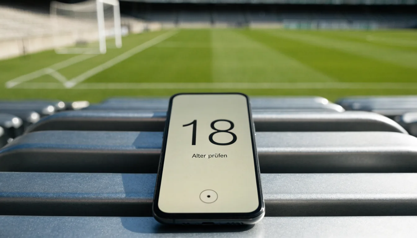 Ein leeres Fußballstadion bei Tageslicht von der Tribüne aus gesehen, der Rasen zeigt gleichmäßige Mähstreifen.