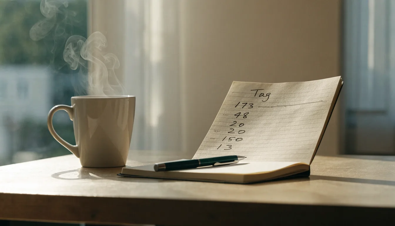 Eine Tasse Kaffee, ein Kugelschreiber und ein aufgeschlagenes leeres Notizbuch auf einem Küchentisch am Fenster.