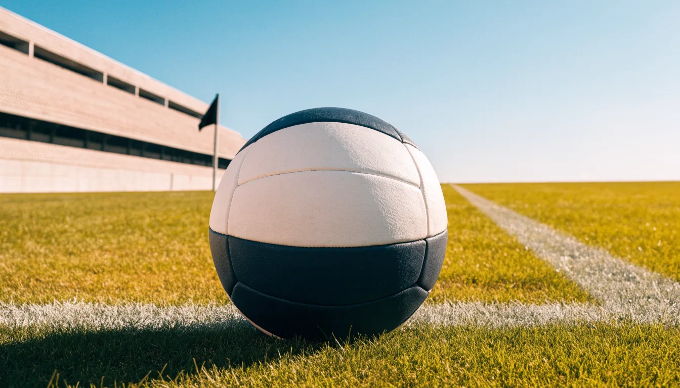 Ein Fußball liegt am Spielfeldrand eines Rasenplatzes, im Hintergrund eine leere Tribüne unter hellem Himmel.