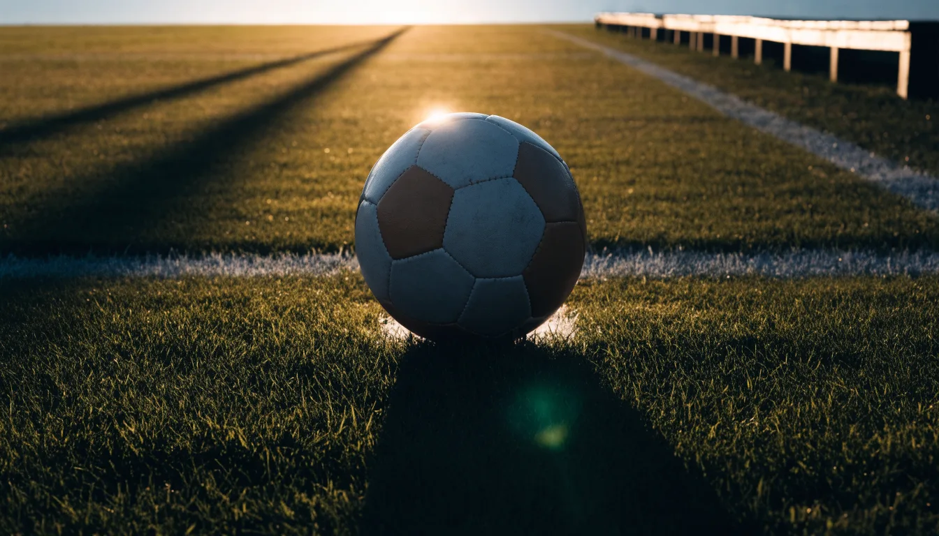 Ein Fußball auf einem Rasenplatz im Gegenlicht der tiefstehenden Sonne, am Rand eine leere Ersatzbank.