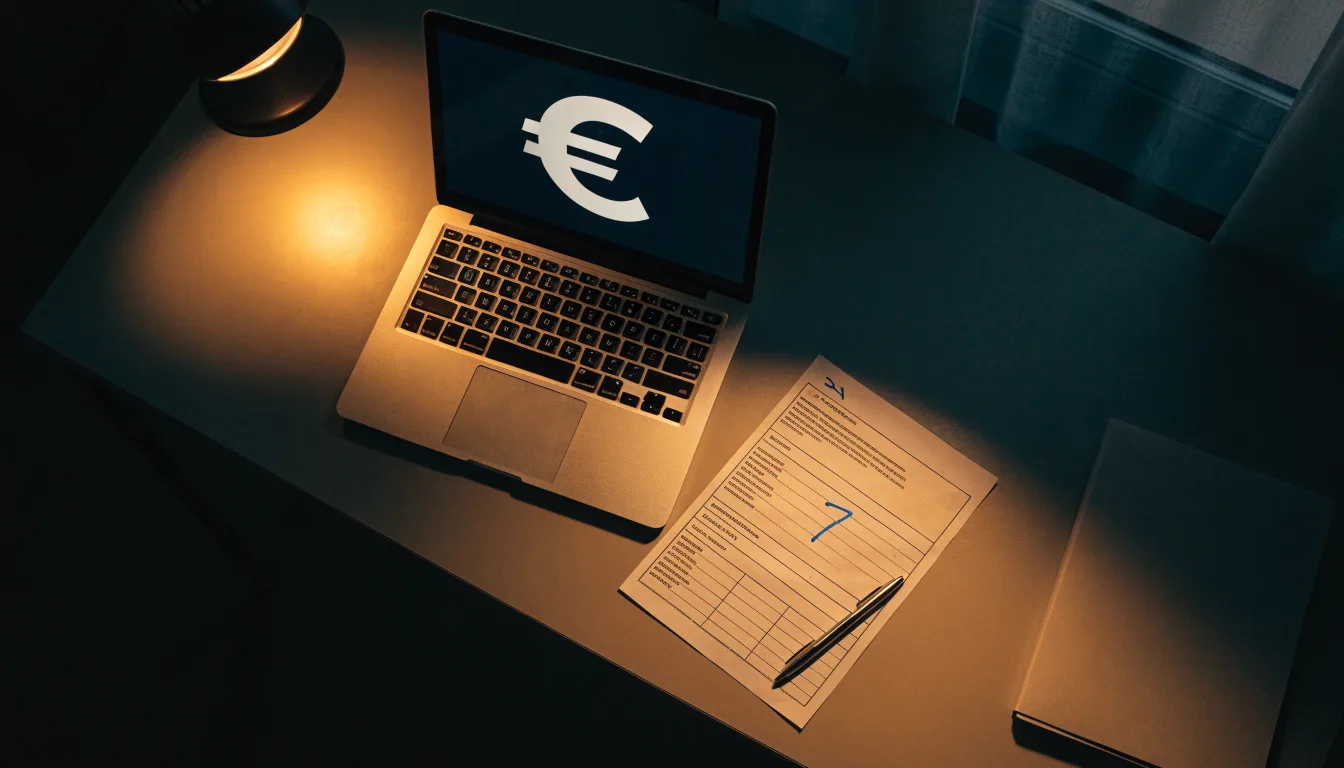 Ein Schreibtisch mit Lampe und geschlossenem Laptop in einem ruhigen Büro bei Abendlicht.