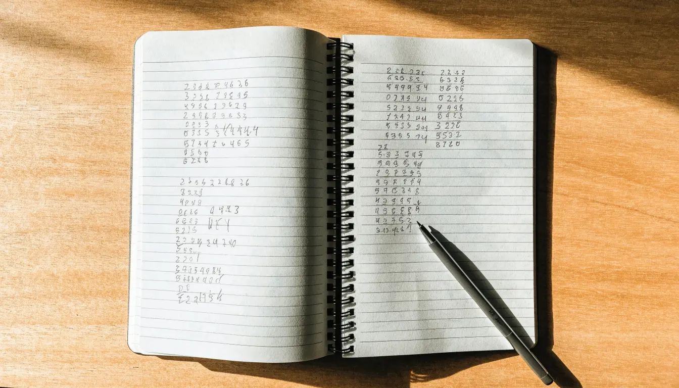 Ein Taschenrechner und ein Notizbuch mit handschriftlichen Zahlenreihen auf einem Schreibtisch neben einem Kugelschreiber.