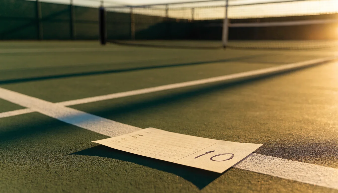 Ein Tennisplatz bei Sonnenaufgang, Netz und Linien im Streiflicht, ohne Menschen.