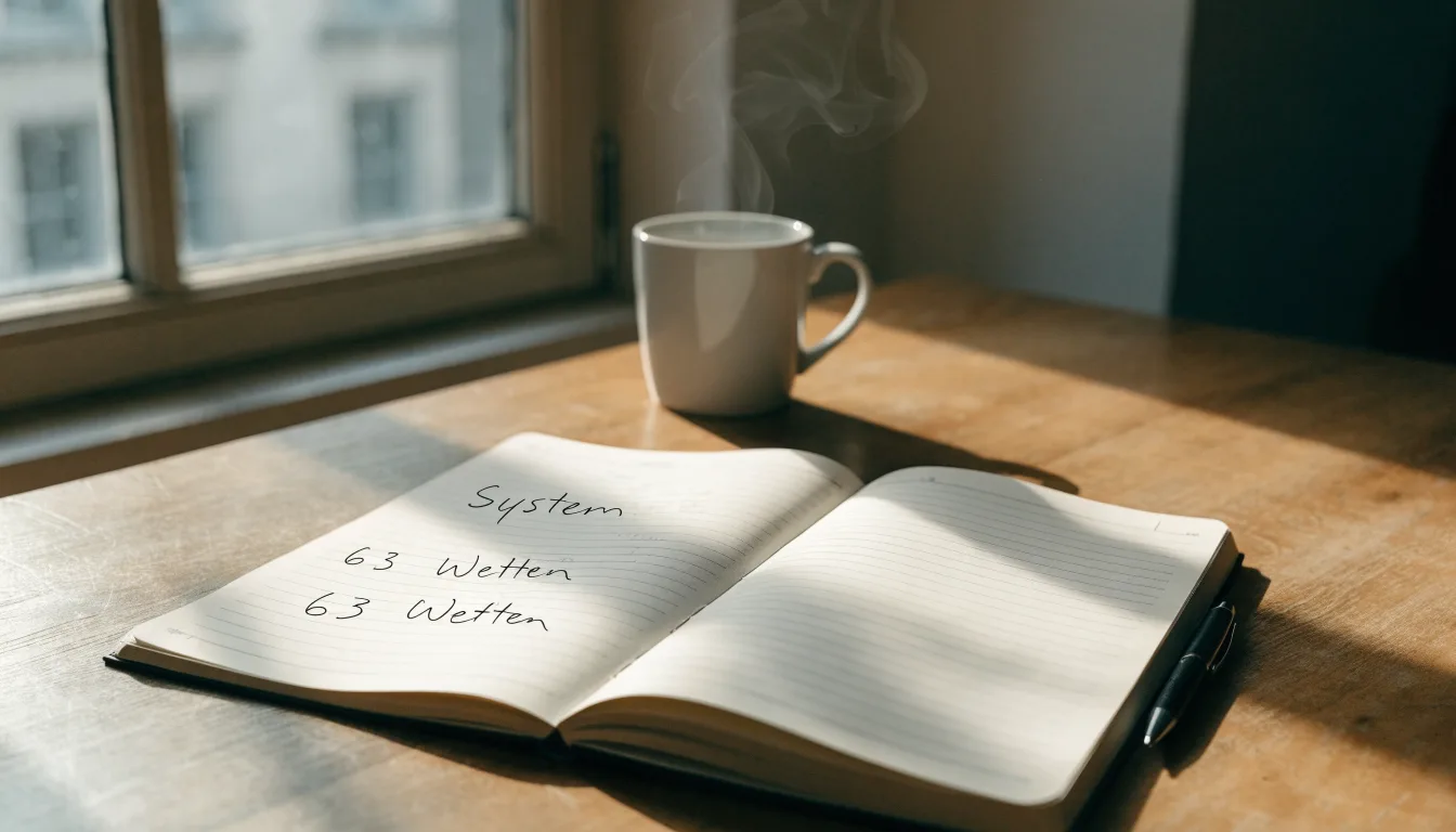 Ein aufgeschlagenes leeres Notizbuch mit Kugelschreiber neben einer Tasse Kaffee auf einem Tisch am Fenster.