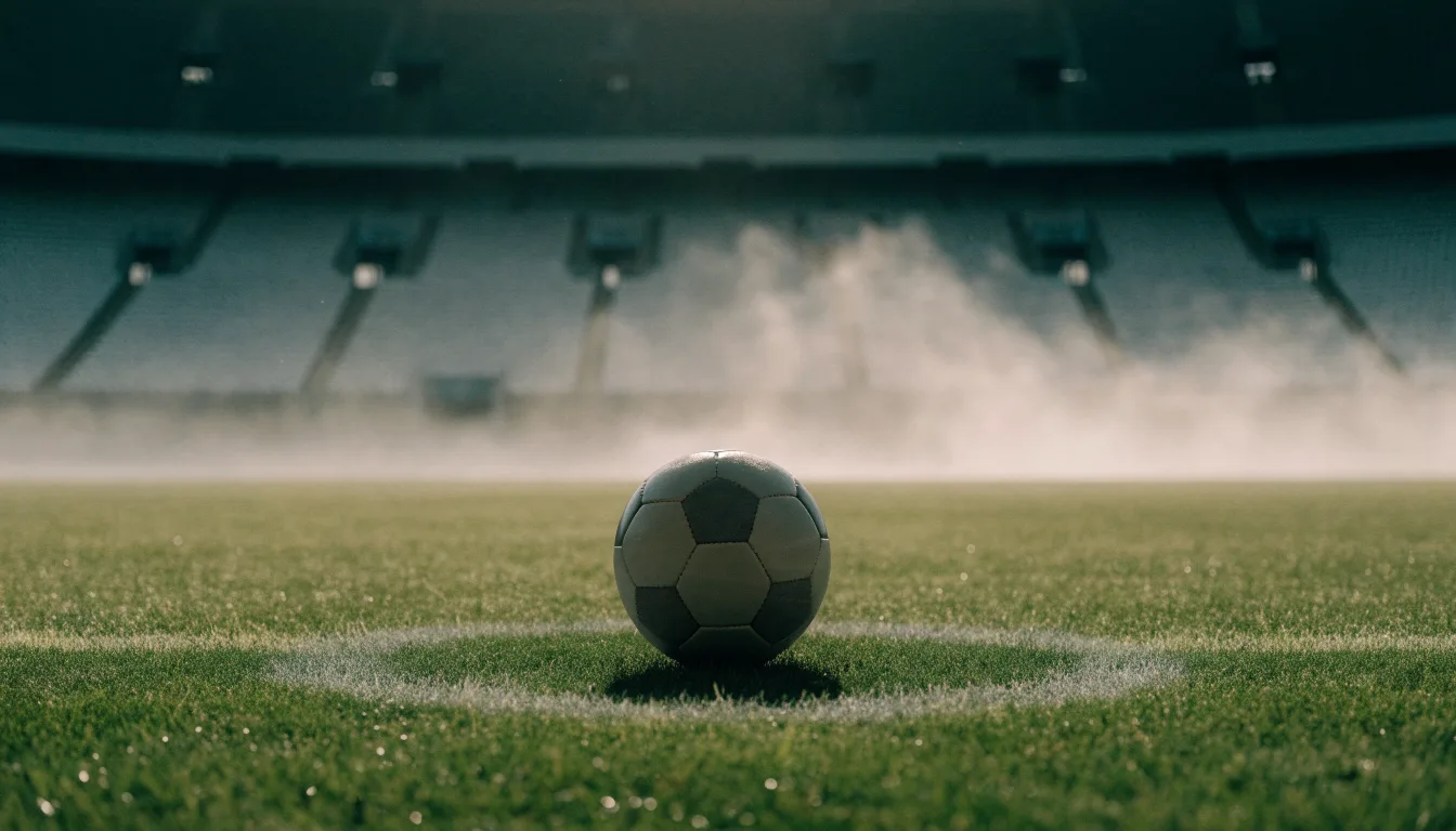 Ein Fußball liegt auf dem Anstoßpunkt eines leeren Rasenplatzes, im Hintergrund hängt Morgendunst über den Tribünen.