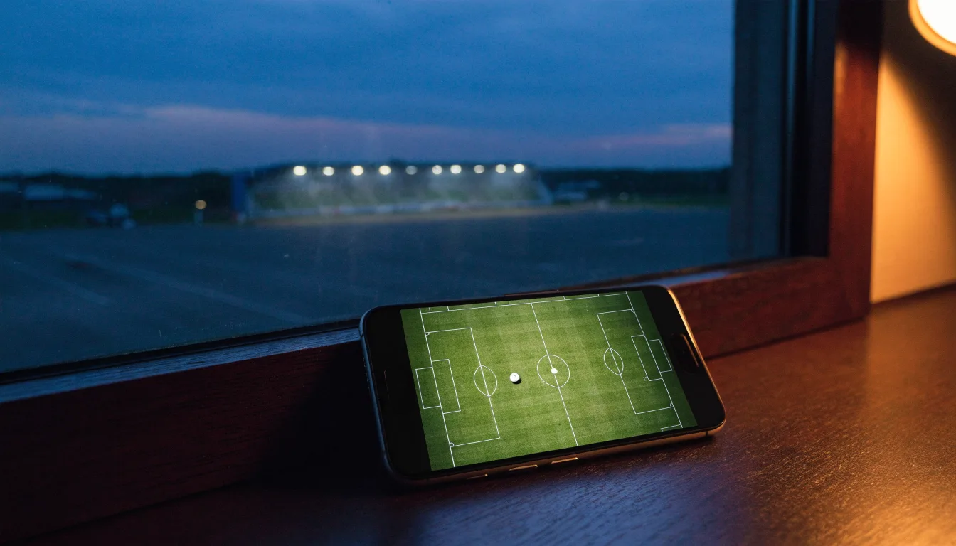 Ein Fußballstadion unter Flutlicht, aus großer Entfernung bei Einbruch der Dunkelheit gesehen, davor ein leerer Parkplatz.