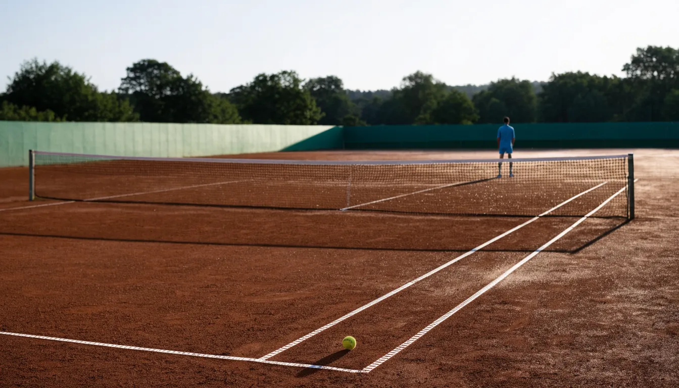 Ein Tennisplatz bei Sonnenaufgang, die Linien noch taufeucht, ein einzelner Ball liegt an der Grundlinie.