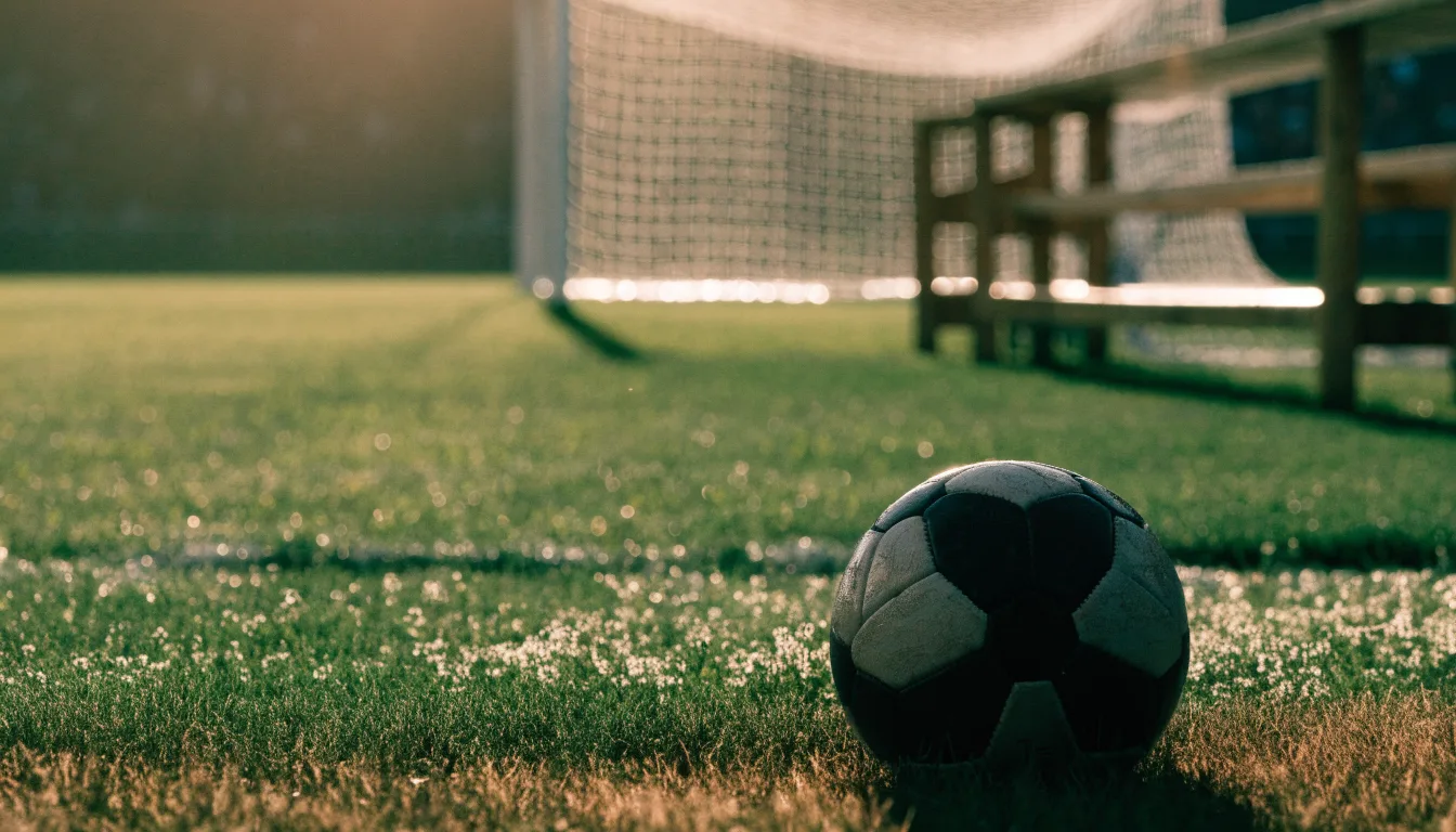 Ein Fußball liegt im Gras am Spielfeldrand, dahinter eine leere Bank und ein Tor im Gegenlicht.