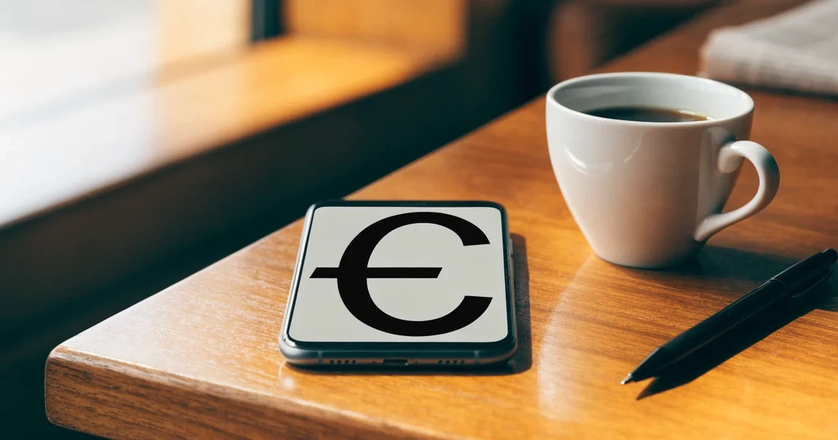 Ein Smartphone liegt mit dunklem Display auf einem Café-Tisch neben einer Tasse Kaffee und einem Kugelschreiber.