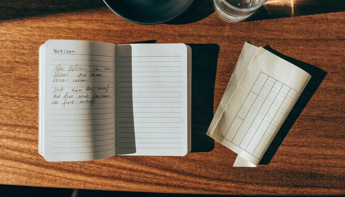 Ein Notizbuch mit handschriftlichen Notizen liegt aufgeschlagen neben einem leeren Papier-Wettschein auf einem Holztisch.