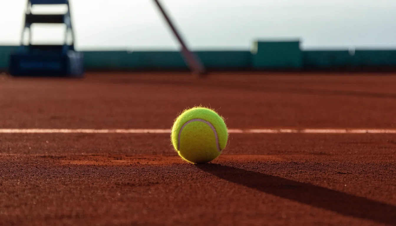 Ein Tennisball liegt auf einem roten Sandplatz bei Sonnenaufgang, im Hintergrund ein leerer Schiedsrichterstuhl.