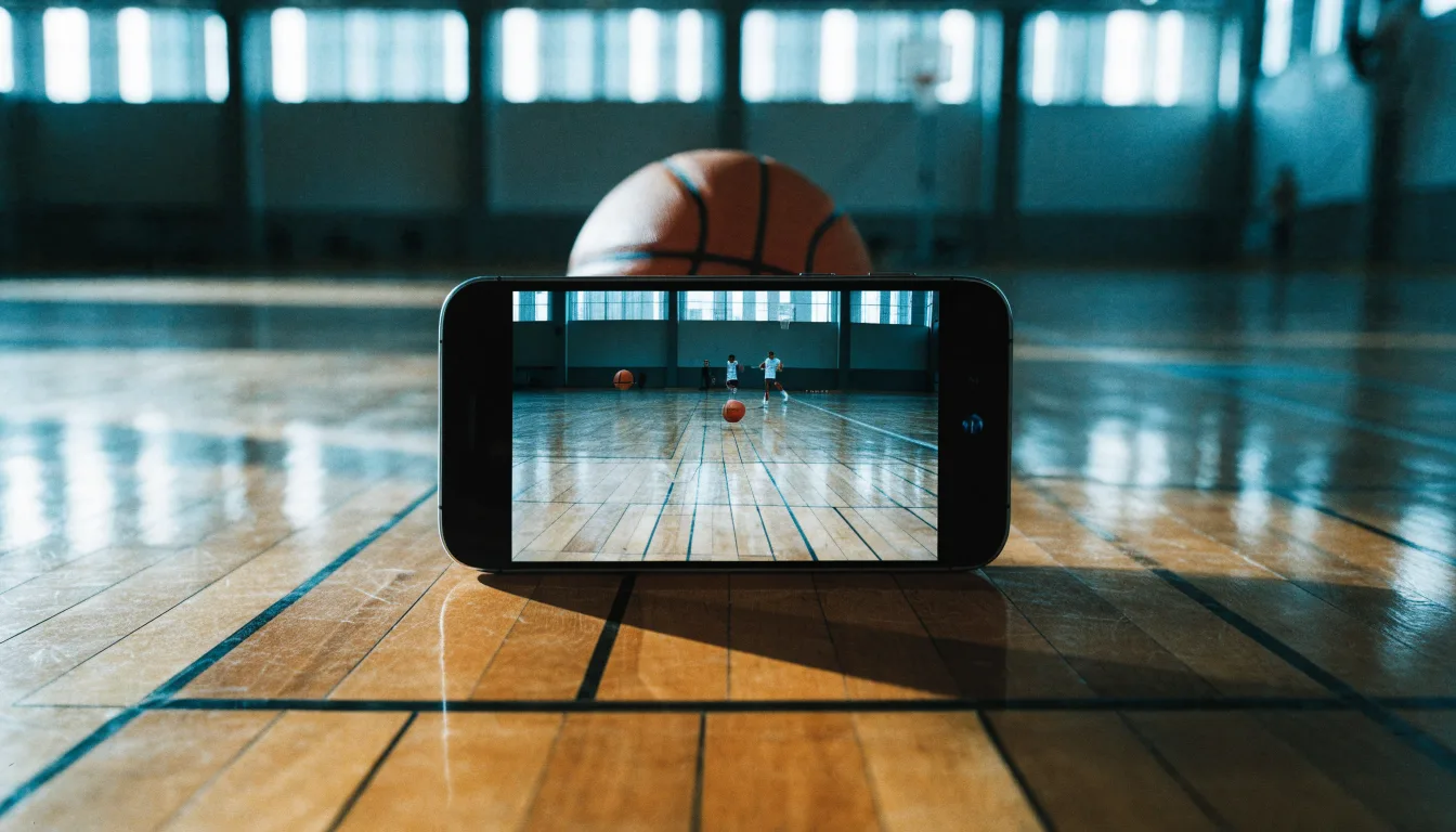 Ein Basketball liegt auf dem Parkett einer leeren Halle, Licht fällt durch hohe Fenster.