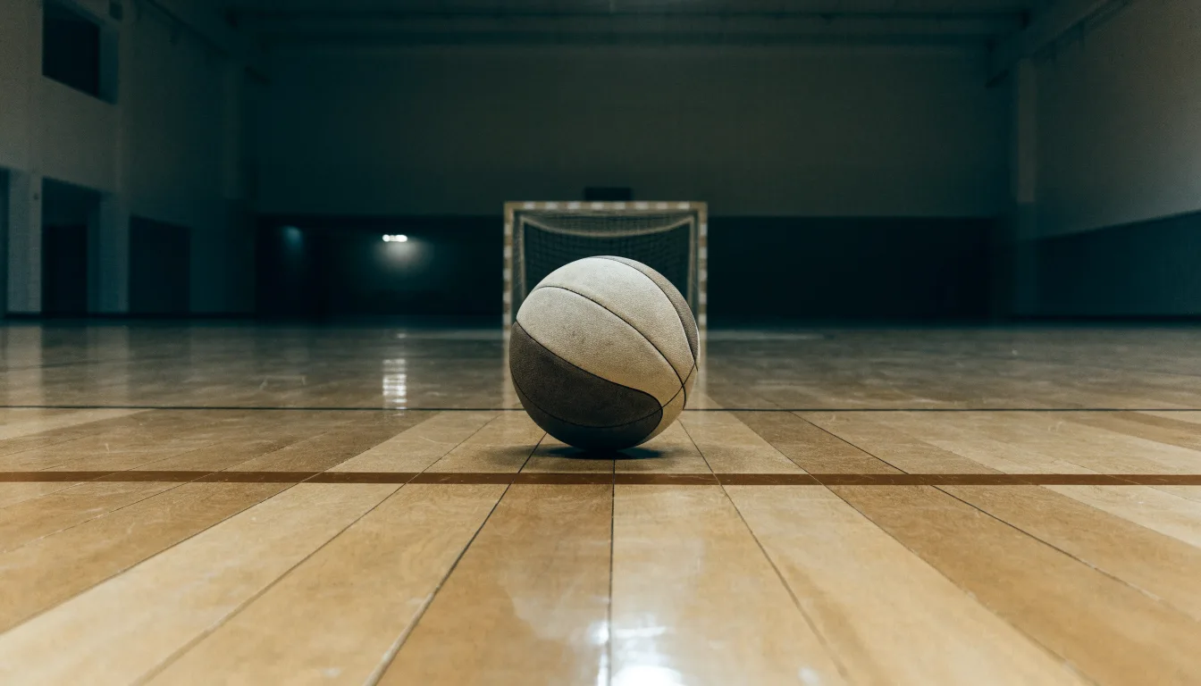 Ein Handball liegt in einer leeren Halle auf dem Boden vor dem Tor.