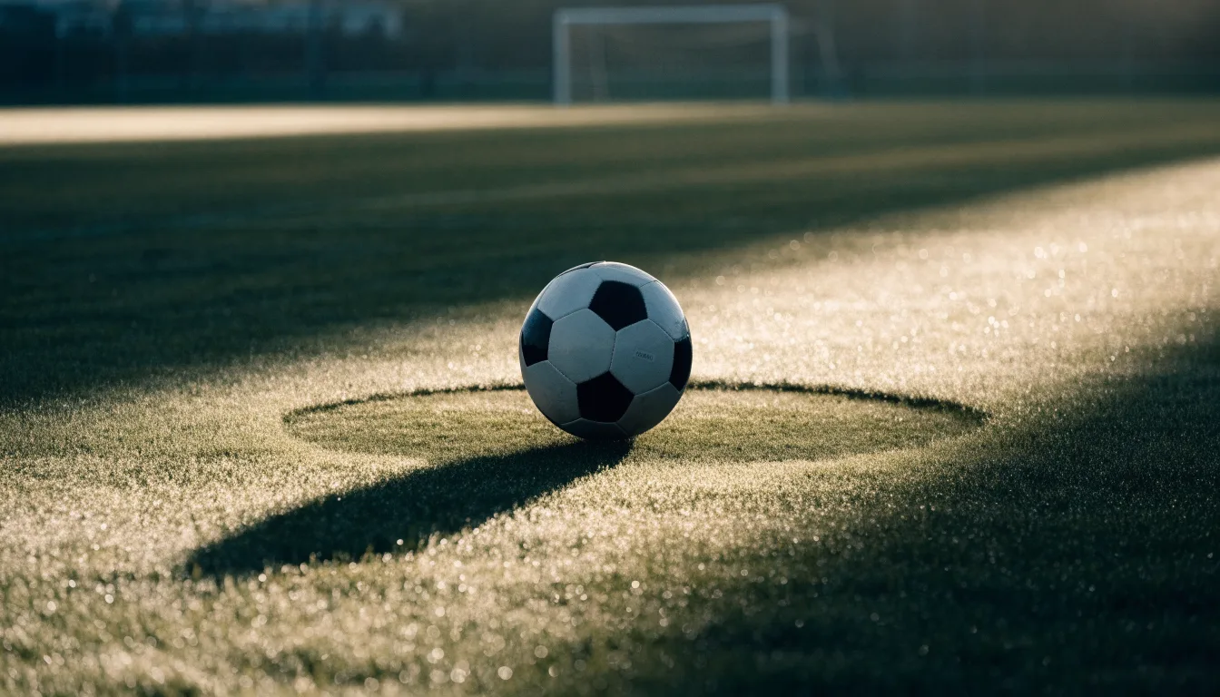 Ein Fußball liegt auf dem Anstoßkreis eines leeren Rasenplatzes im frühen Morgenlicht.