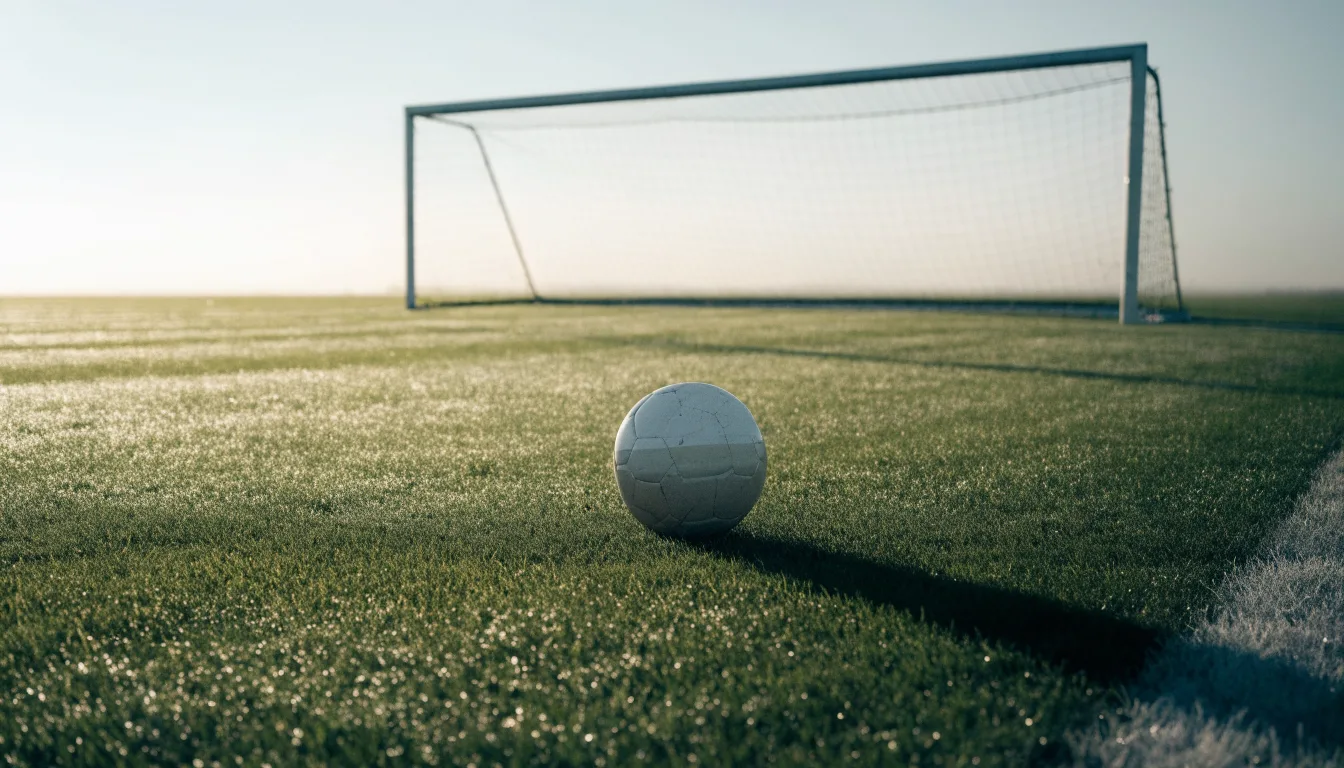 Ein Fußball auf dem Rasen vor einem leeren Tor im frühen Morgenlicht.
