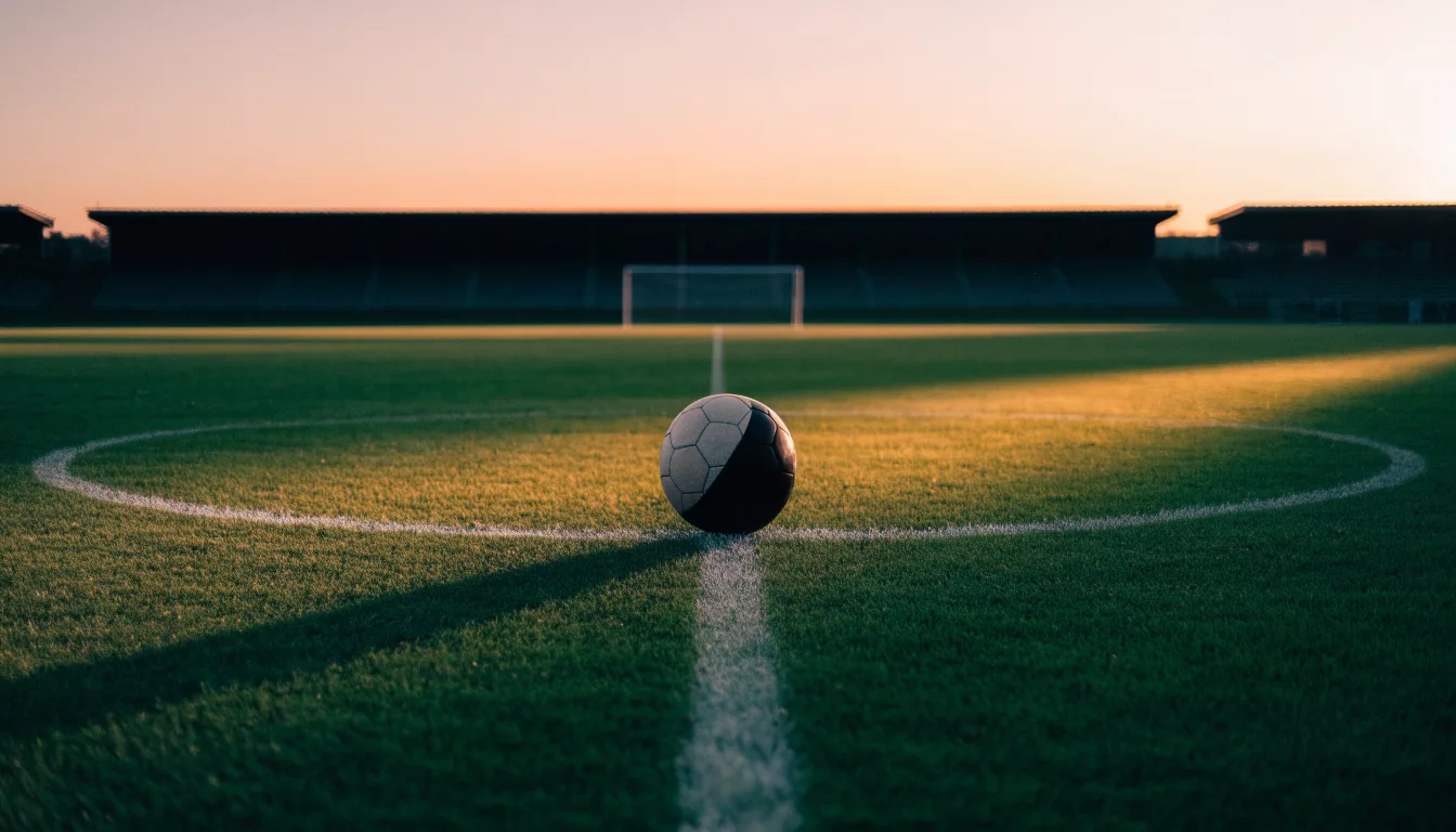 Ein Fußball liegt in der Mitte eines leeren Rasenplatzes, am Horizont färbt sich der Himmel orange.