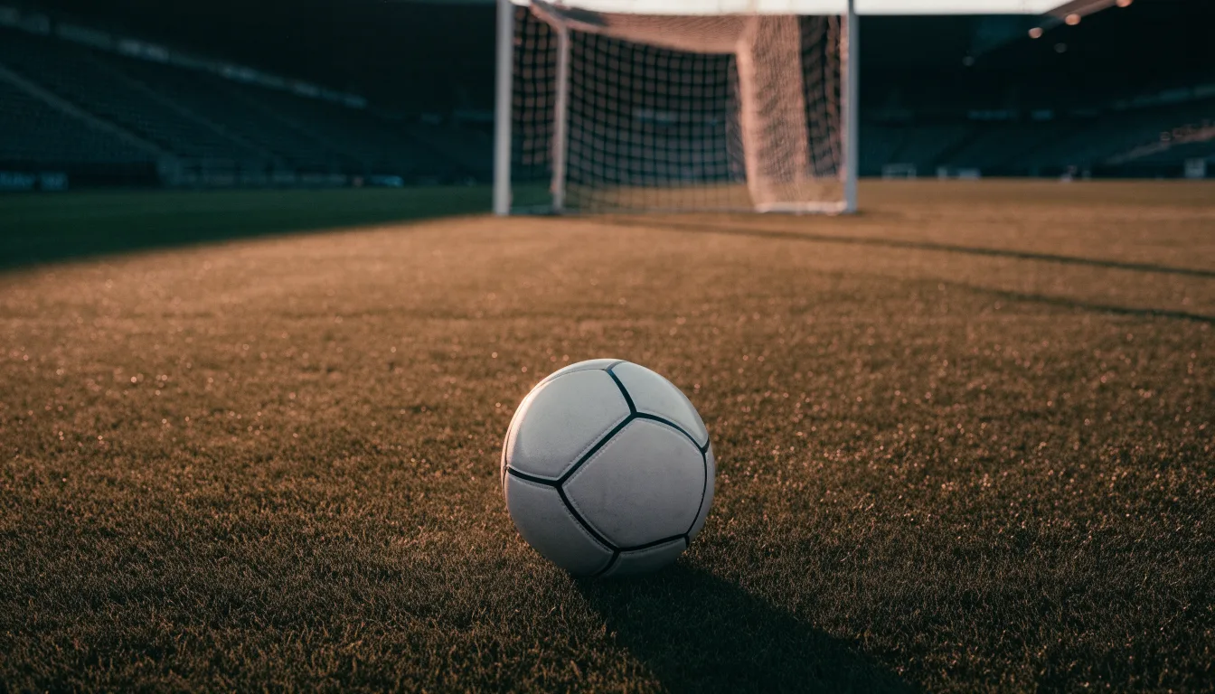 Ein Fußball liegt im Strafraum eines leeren Platzes, dahinter die Netze des Tores im Abendlicht.