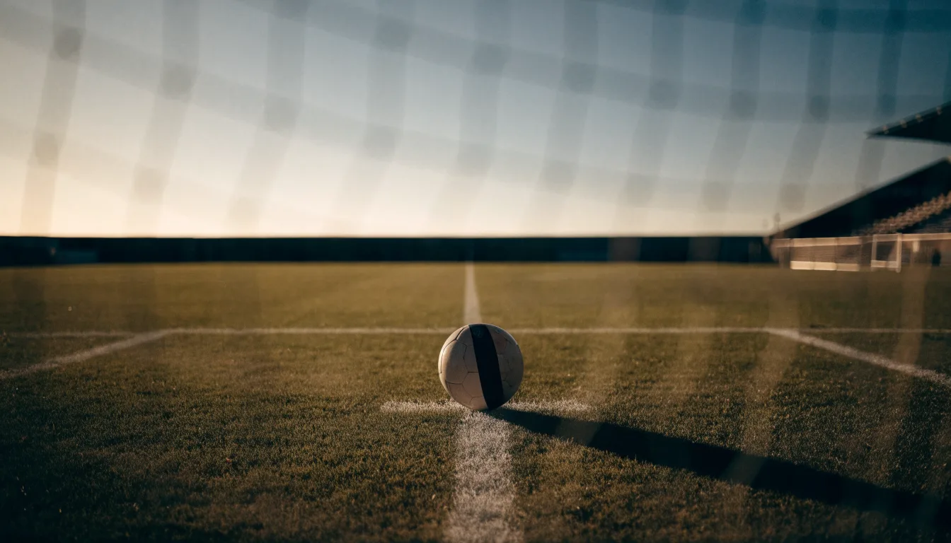 Ein Fußball liegt auf dem Elfmeterpunkt eines leeren Platzes im Abendlicht.