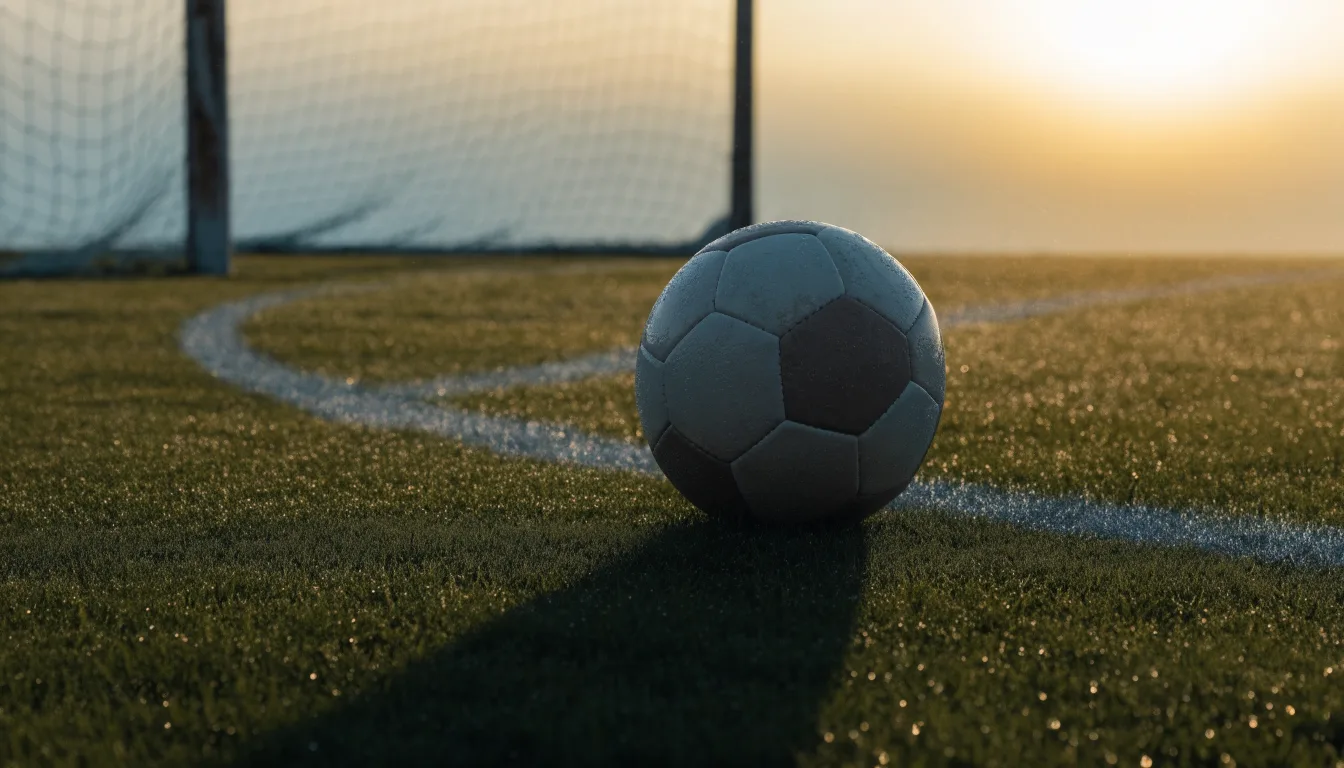 Ein Fußball liegt am Rand des Mittelkreises auf einem leeren Rasenplatz bei Sonnenaufgang.