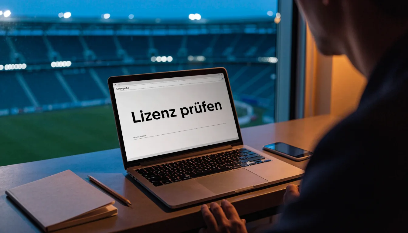Ein Stadion unter Flutlicht aus großer Entfernung, davor ein dunkler Acker im Abendlicht.