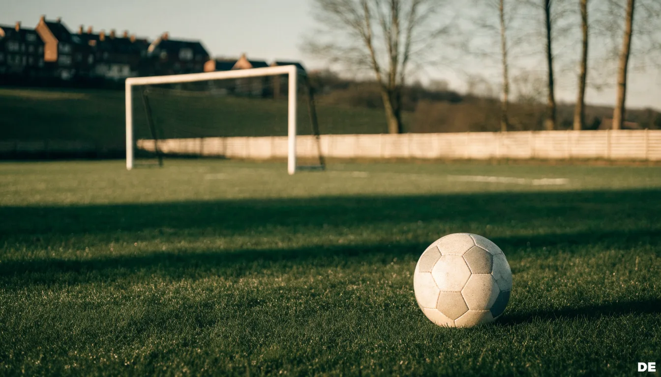 Ein Fußball auf dem Rasen eines leeren Sportplatzes am Rand einer Kleinstadt im Morgenlicht.