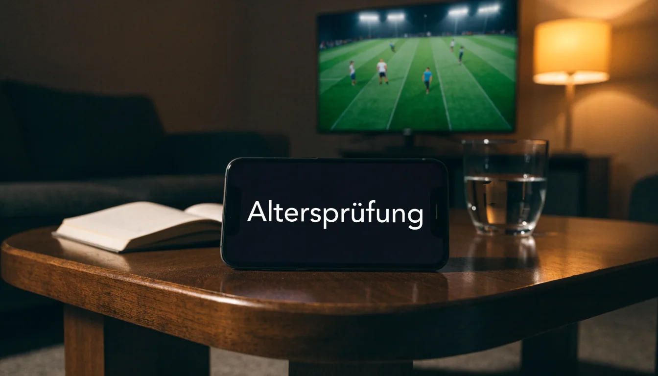 Ein Stadion unter Flutlicht, von einer Anhöhe aus gesehen, davor ein stiller Weg in der Dämmerung.