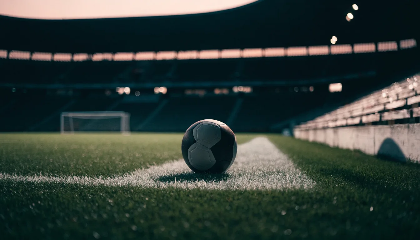 Ein Fußball liegt auf dem Anstoßpunkt eines leeren Rasenplatzes, im Hintergrund ein Stadion unter Flutlicht in der Abenddämmerung.
