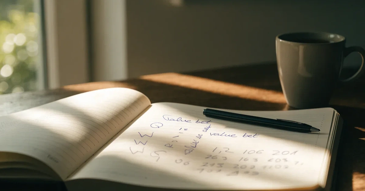 Ein Notizbuch mit handschriftlichen Rechnungen und ein Taschenrechner liegen auf einem Schreibtisch neben einer Tasse Kaffee im Licht des frühen Morgens.