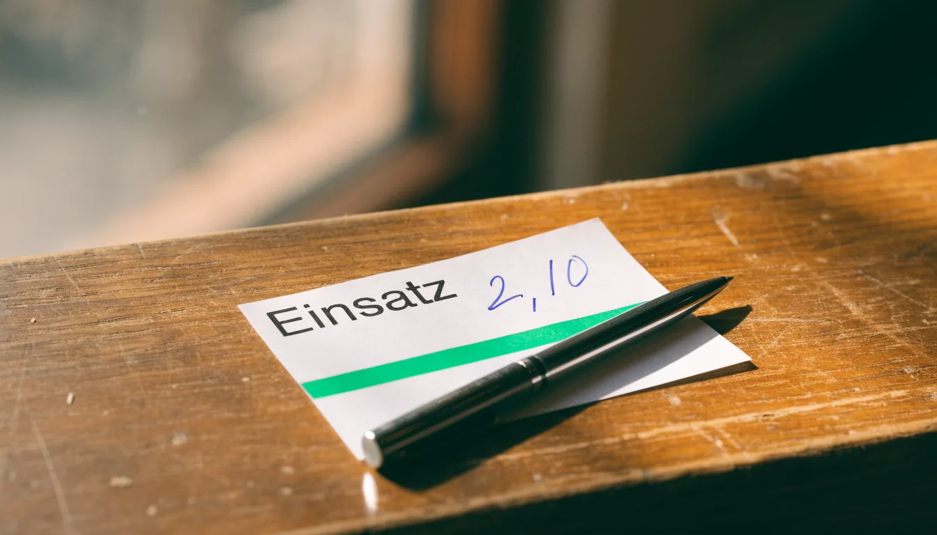 Ein leerer Wettschein aus Papier liegt neben einem Stift auf einer hölzernen Theke, weiches Licht fällt von der Seite ein.