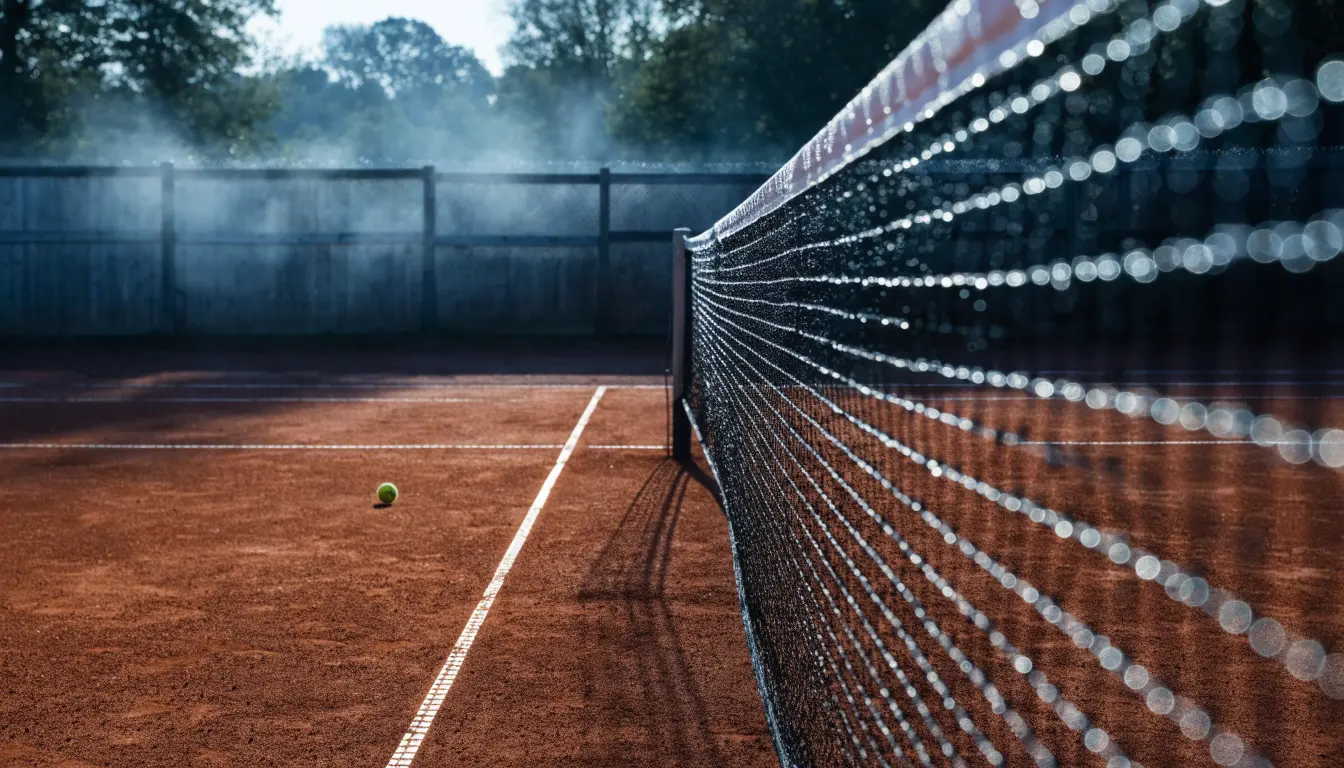 Ein Tennisplatz im Morgengrauen, das Netz und die Linien liegen im Tau, im Hintergrund leichter Nebel und kein Mensch zu sehen.