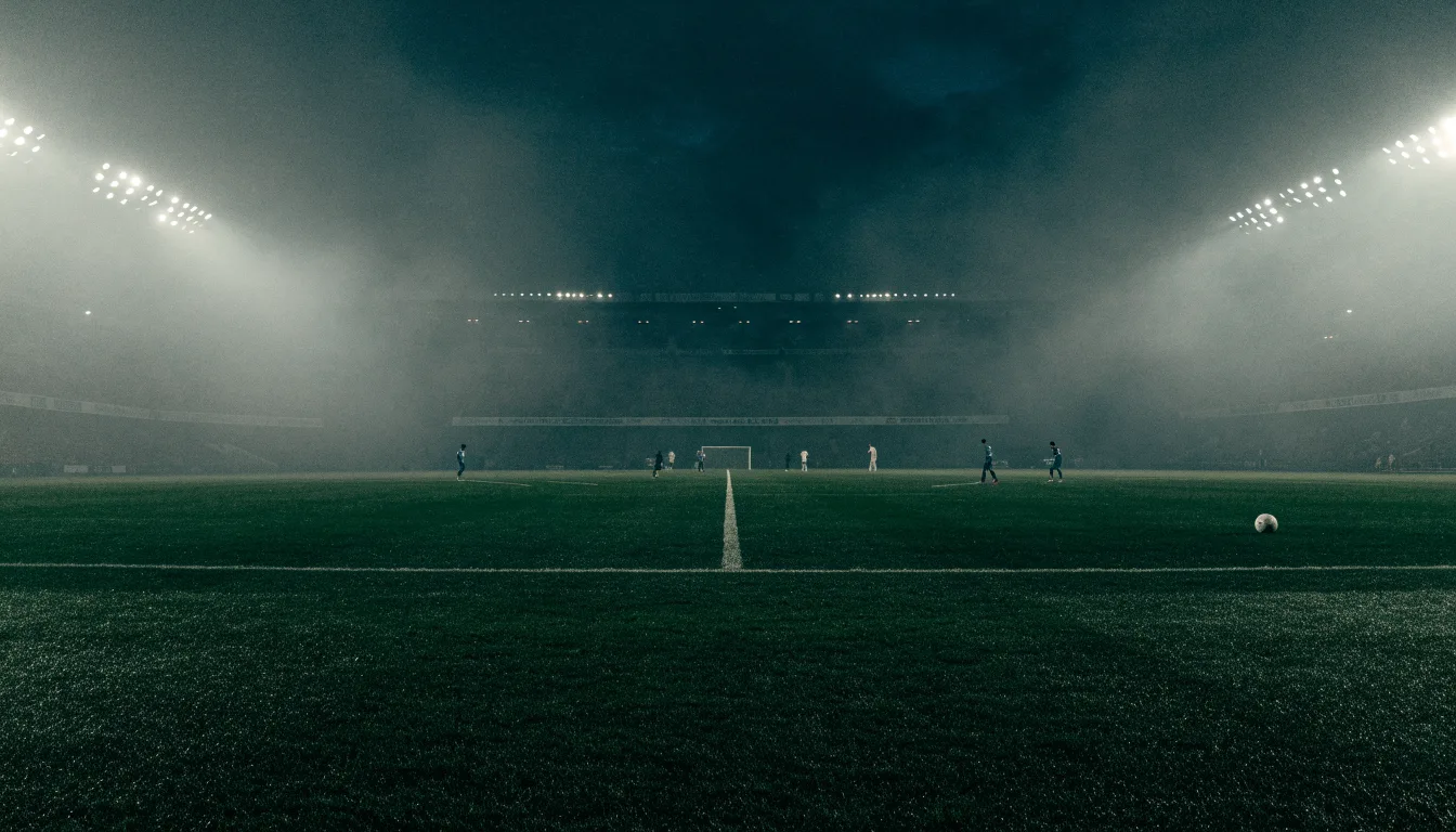 Ein Stadion unter Flutlicht, aus großer Entfernung über eine dunkle Wiese fotografiert, am Himmel zieht Nebel auf.