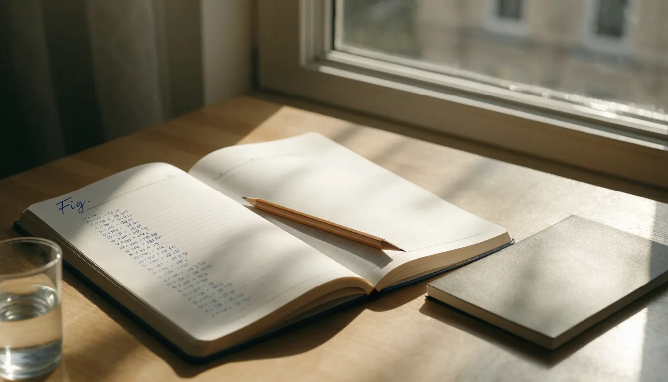 Ein Notizbuch mit handschriftlichen Notizen und ein Bleistift liegen auf einem Schreibtisch am Fenster, draußen fällt Morgenlicht herein.