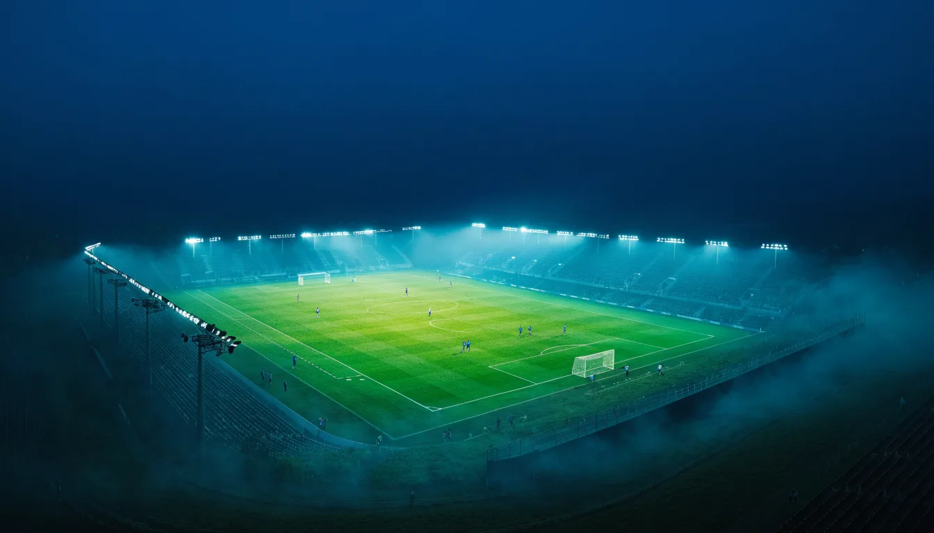 Ein Stadion unter Flutlicht, aus großer Entfernung über eine dunkle Wiese fotografiert, am Himmel zieht Nebel auf.