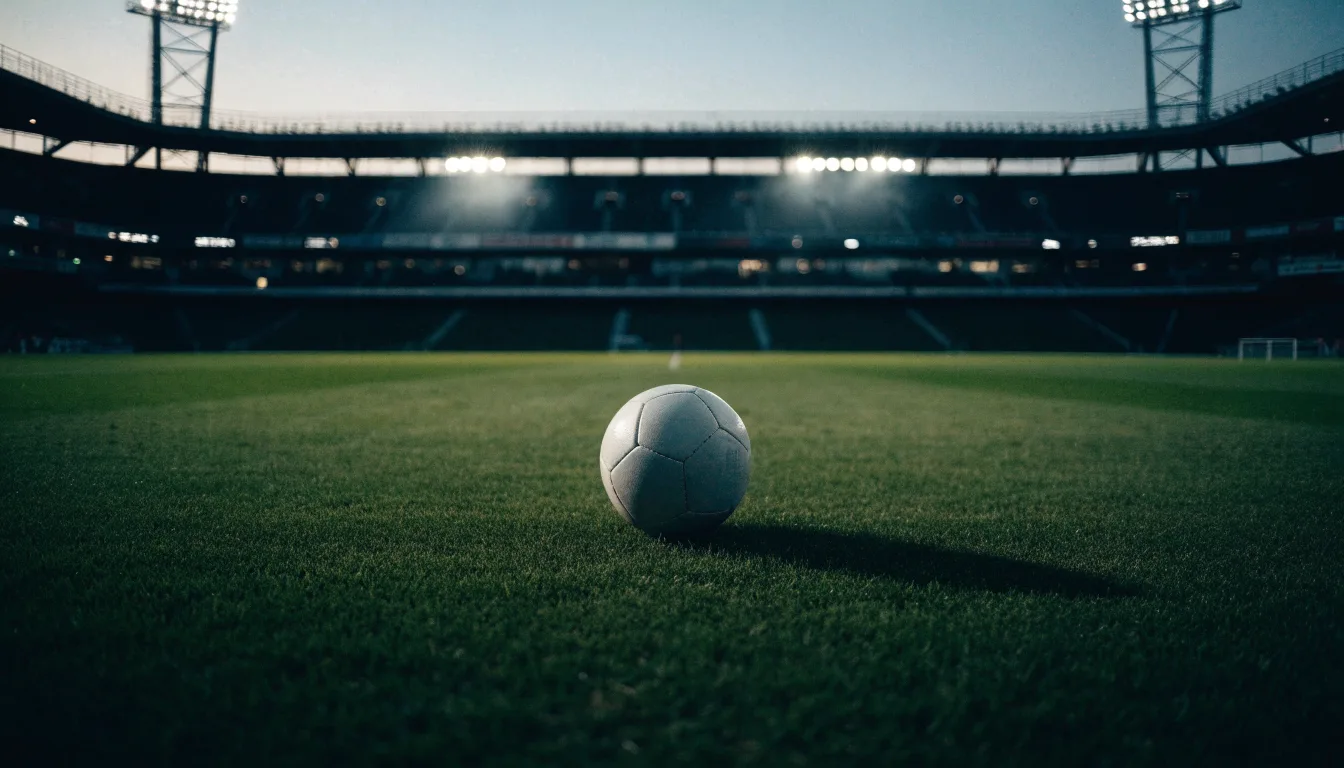 Ein Fußball liegt auf dem Anstoßpunkt eines leeren Rasenplatzes, im Hintergrund steht ein Stadion unter Flutlicht in der Dämmerung.
