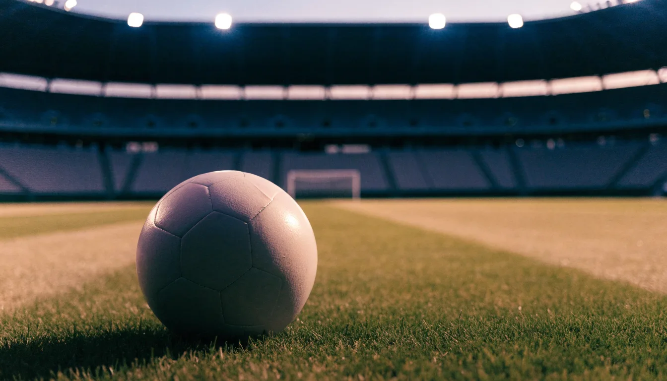 Ein Fußball liegt auf dem Rasen eines leeren Platzes, im Hintergrund ein Stadion unter Flutlicht in der Abenddämmerung.