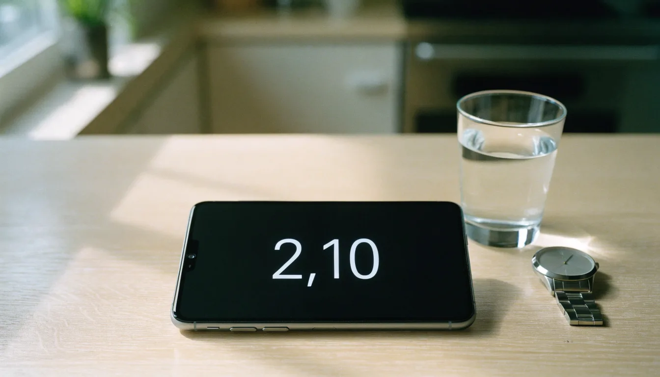 Ein Smartphone liegt mit dem Display nach unten auf einem Küchentisch, daneben stehen ein Glas Wasser und eine Armbanduhr.