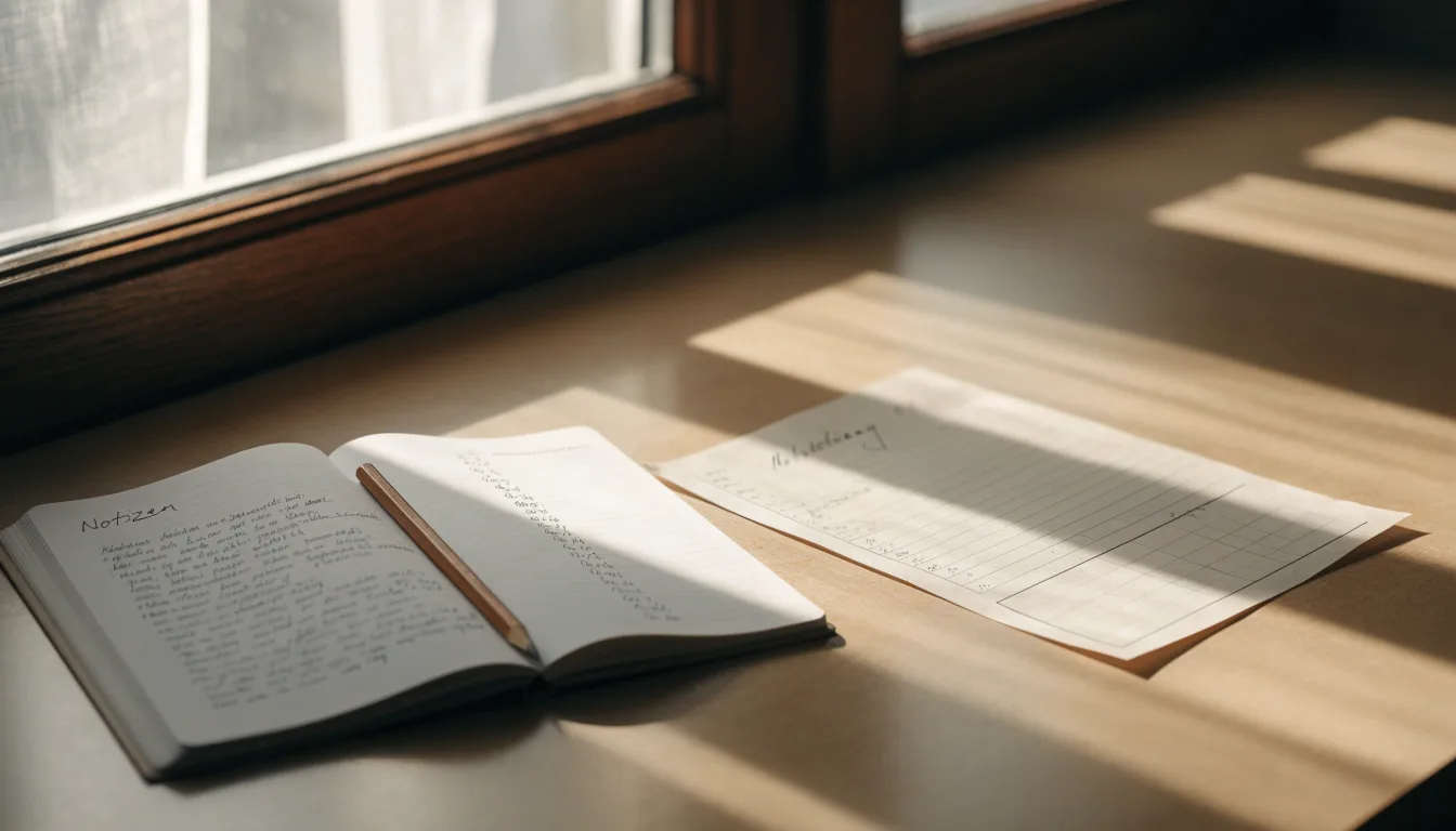 Ein Notizbuch mit handschriftlichen Notizen und ein Bleistift liegen auf einem Schreibtisch am Fenster, draußen fällt Morgenlicht herein.