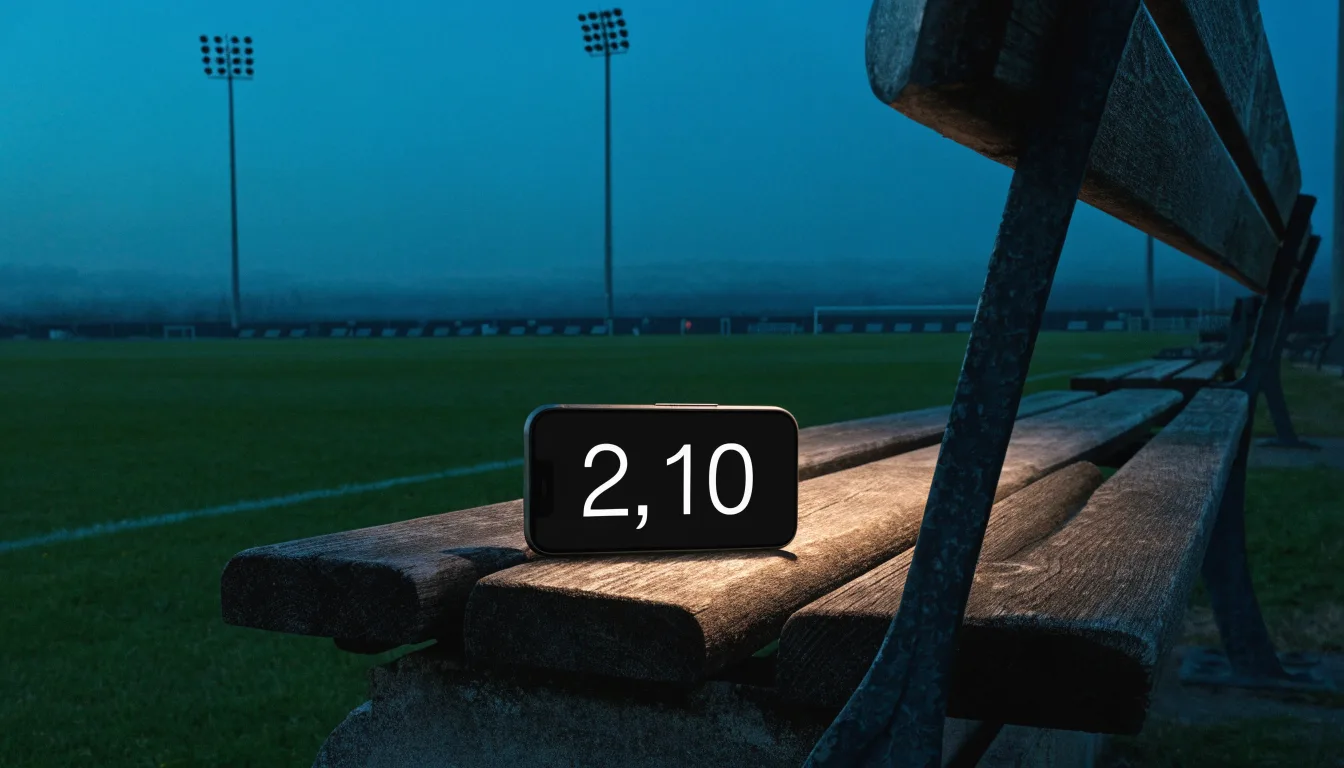 Eine leere Parkbank am Rand eines Fußballfelds in der Abenddämmerung, im Hintergrund ragen dunkle Flutlichtmasten in den Himmel.