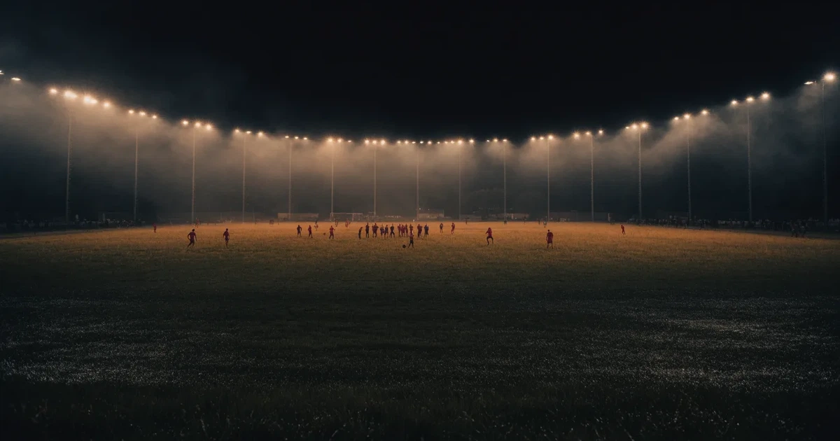 Ein Stadion unter Flutlicht, aus großer Entfernung über eine dunkle Wiese fotografiert, am Himmel zieht Nebel auf.