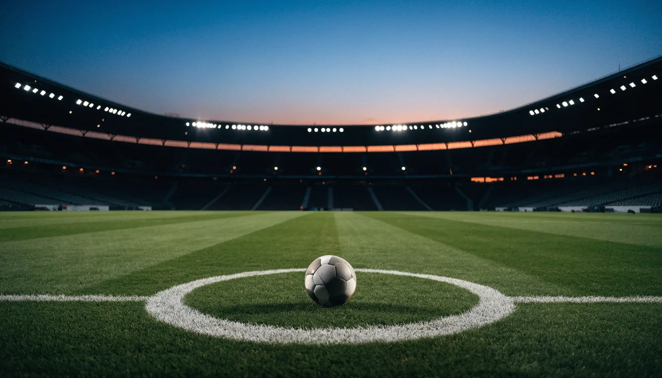 Ein Fußball liegt auf dem Anstoßpunkt eines leeren Rasenplatzes, im Hintergrund steht ein Stadion unter Flutlicht in der Dämmerung.