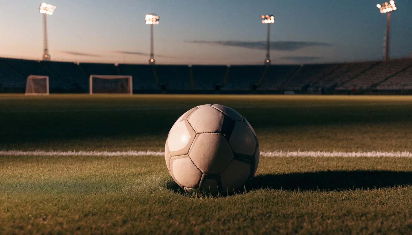 Ein Fußball liegt auf dem Rasen eines leeren Platzes, im Hintergrund ein Stadion unter Flutlicht in der Abenddämmerung.