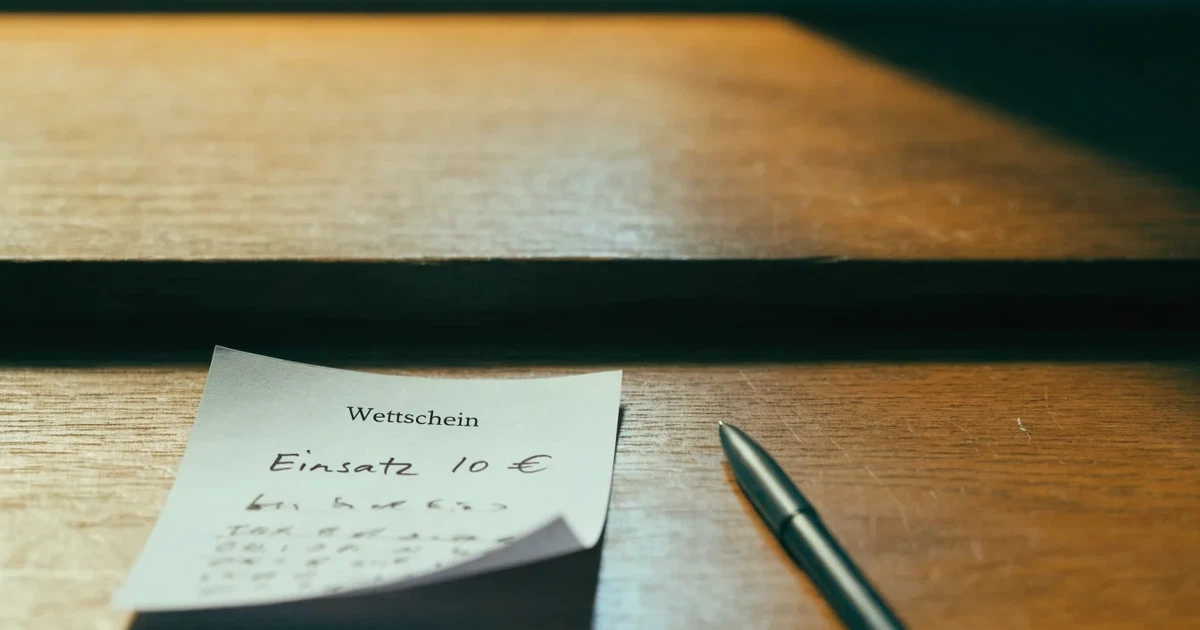 Ein leerer Wettschein aus Papier liegt neben einem Stift auf einer hölzernen Theke, weiches Licht fällt von der Seite ein.