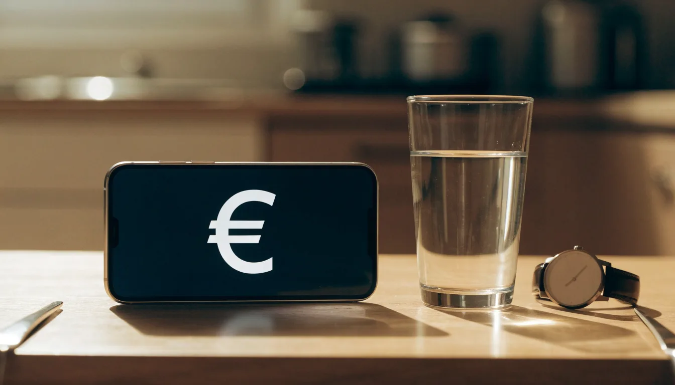 Ein Smartphone liegt mit dem Display nach unten auf einem Küchentisch, daneben stehen ein Glas Wasser und eine Armbanduhr.